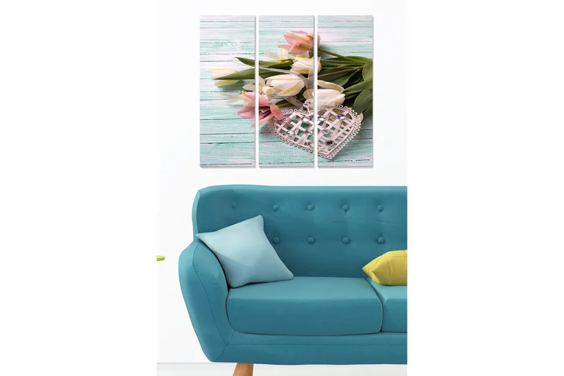 Trælærredstryk 3-delt 50x70 cm - Buket tulipaner i pastelfarver med et dekorativt hjerte, Lyserød / Hvid / Grøn