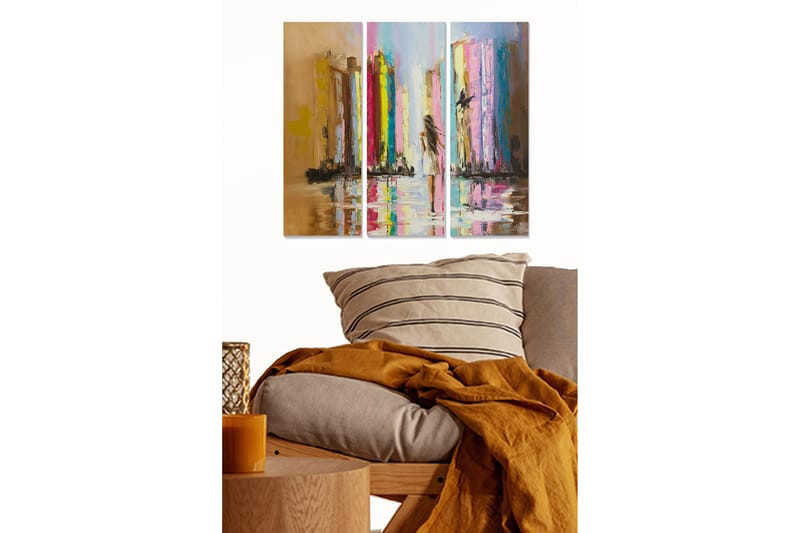 Trælærredstryk 3-delt 50x70 cm - Byens skyline med refleksioner i vand, Guld / Pink / Blå