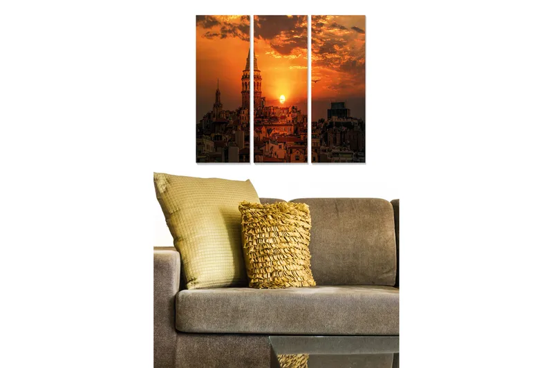 Trælærredstryk 3-delt 50x70 cm - Bylandskab med solnedgang over hustage og tårne, Orange / Mørkeblå / Guld