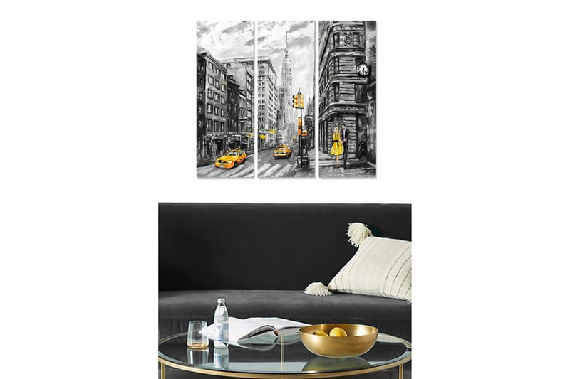 Trælærredstryk 3-delt 50x70 cm - Bymotiv med gule taxaer og en kvinde i gul kjole, Gul / Sort / Grå