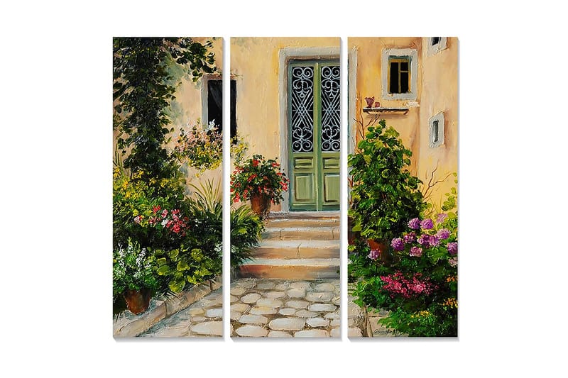 Trælærredstryk 3-delt 50x70 cm - Charmerende entré med blomstrende have, Grøn / Lyserød / Gul
