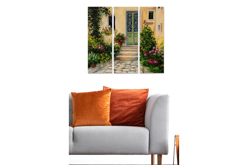 Trælærredstryk 3-delt 50x70 cm - Charmerende entré med blomstrende have - Grøn / Lyserød / Gul - Boligtilbehør - Billeder & kunst - Billeder på lærred