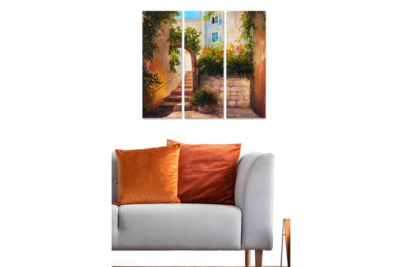 Trælærredstryk 3-delt 50x70 cm - Charmerende gyde med blomster og trapper, Grøn / Orange / Beige