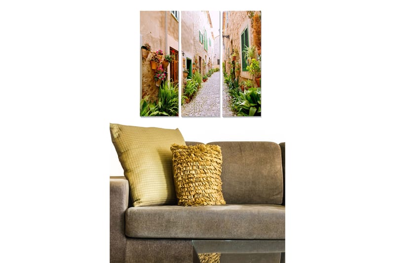 Trælærredstryk 3-delt 50x70 cm - Charmerende gyde med blomsterdekorationer og grønne planter, Beige / Grøn / Rød