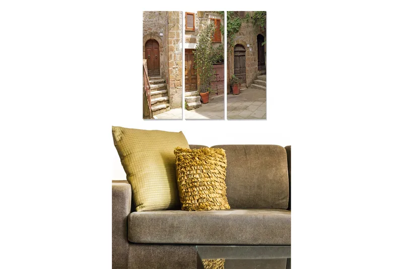 Trælærredstryk 3-delt 50x70 cm - Charmerende gyde med gamle døre og trapper, Beige / Brun / Grøn