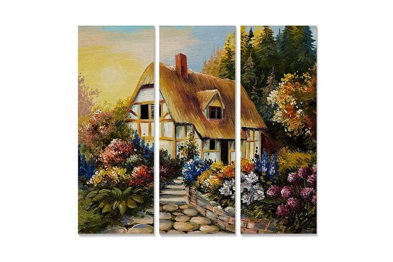 Trælærredstryk 3-delt 50x70 cm - Charmerende hus omgivet af blomstrende have, Grøn / Gul / Lilla