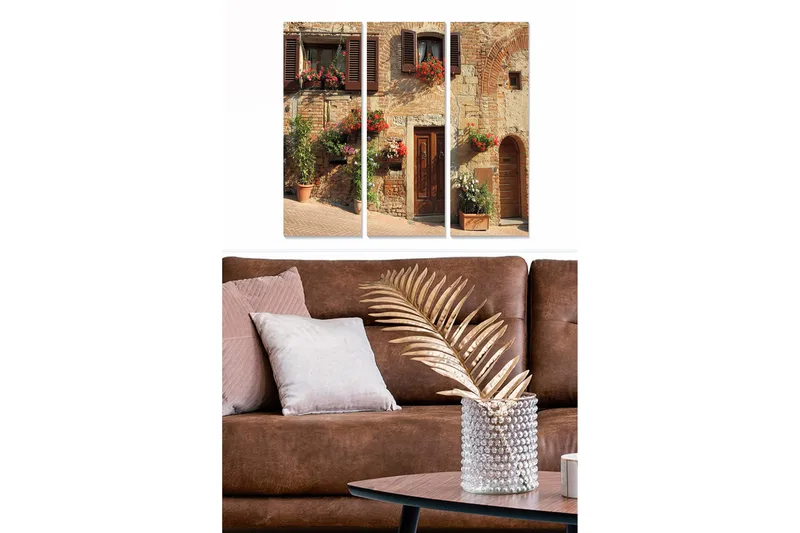 Trælærredstryk 3-delt 50x70 cm - Charmerende italiensk husfacade med blomster i vinduerne, Terrakotta / Grå / Grøn