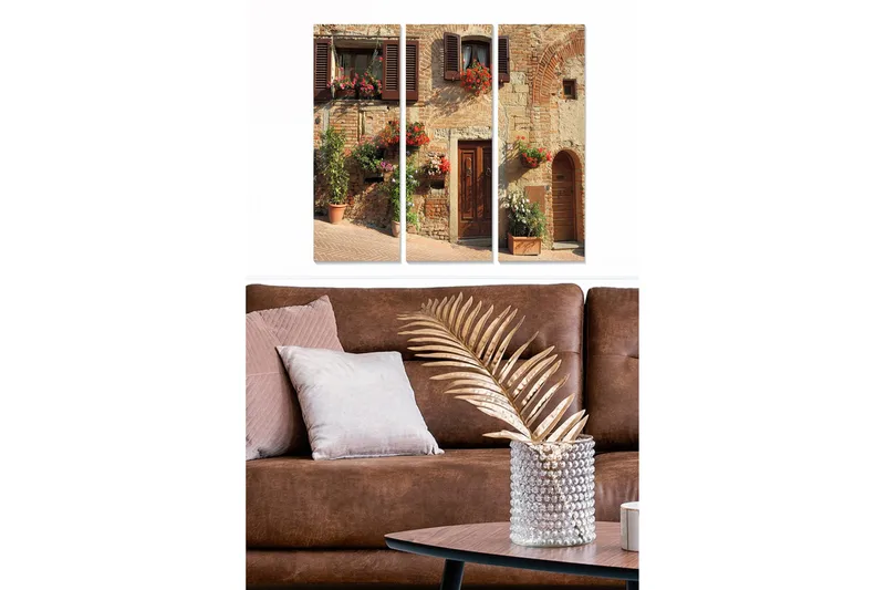 Trælærredstryk 3-delt 50x70 cm - Charmerende italiensk husfacade med blomster i vinduerne, Terrakotta / Grå / Grøn