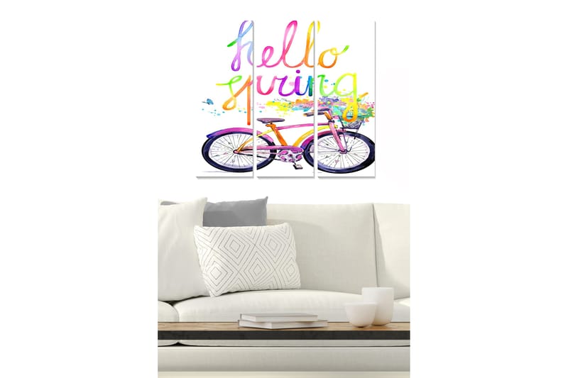 Trælærredstryk 3-delt 50x70 cm - Cykel med farverig tekst, der hilser foråret velkommen, Lyserød / Lilla / Gul