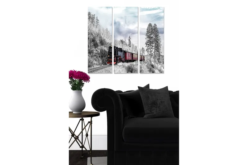 Trælærredstryk 3-delt 50x70 cm - Damptog kører gennem et vinterligt skovmiljø, Sort / Rød / Grå