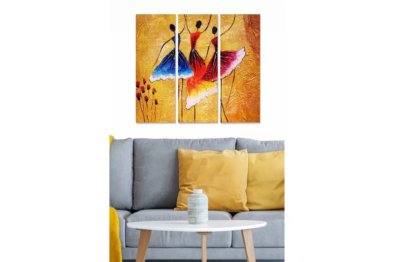 Trælærredstryk 3-delt 50x70 cm - Dansende kvinder i farverige kjoler, Blå / Rød / Gul