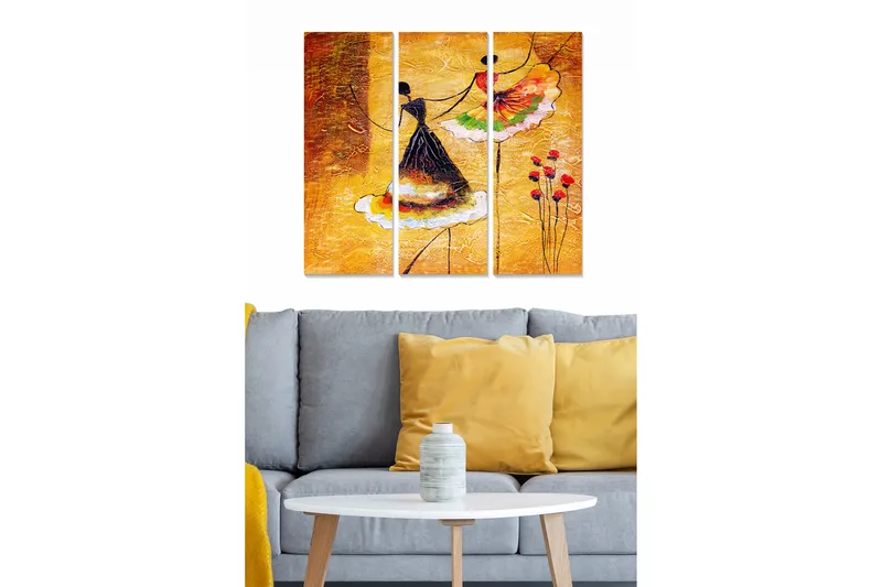 Trælærredstryk 3-delt 50x70 cm - Dansende kvinder i farverige kjoler, Gul / Sort / Rød