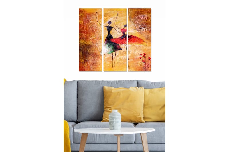 Trælærredstryk 3-delt 50x70 cm - Dansende kvinder i farverige kjoler, Orange / Rød / Sort