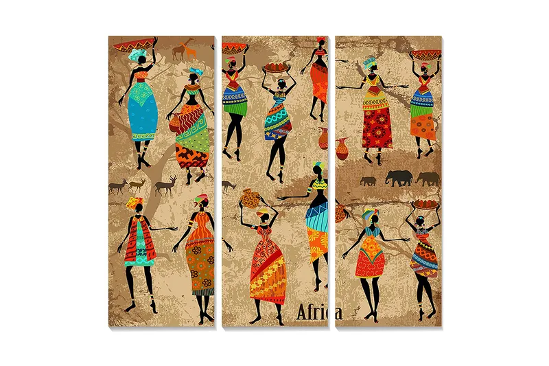 Trælærredstryk 3-delt 50x70 cm - Dansende kvinder med farverigt tøj og traditionelle mønstre, Blå / Rød / Grøn