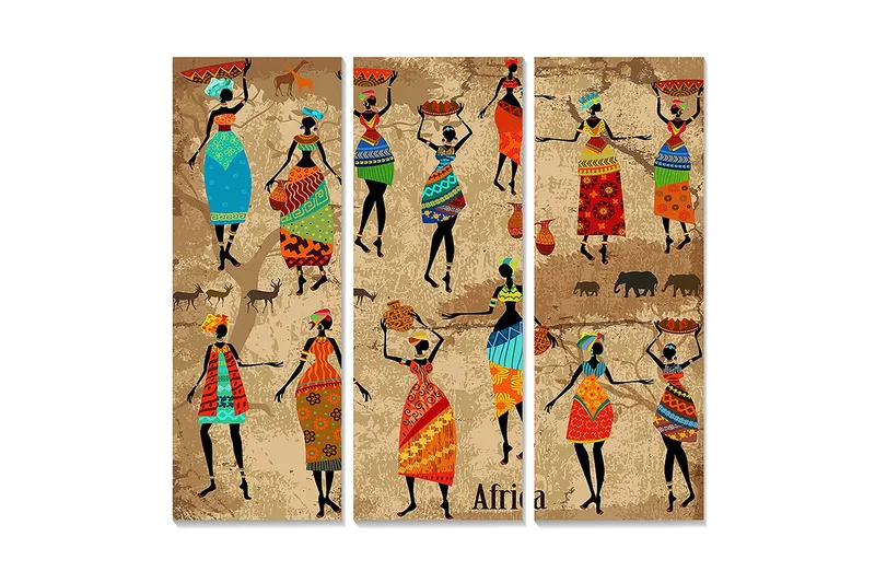 Trælærredstryk 3-delt 50x70 cm - Dansende kvinder med farverigt tøj og traditionelle mønstre, Blå / Rød / Grøn
