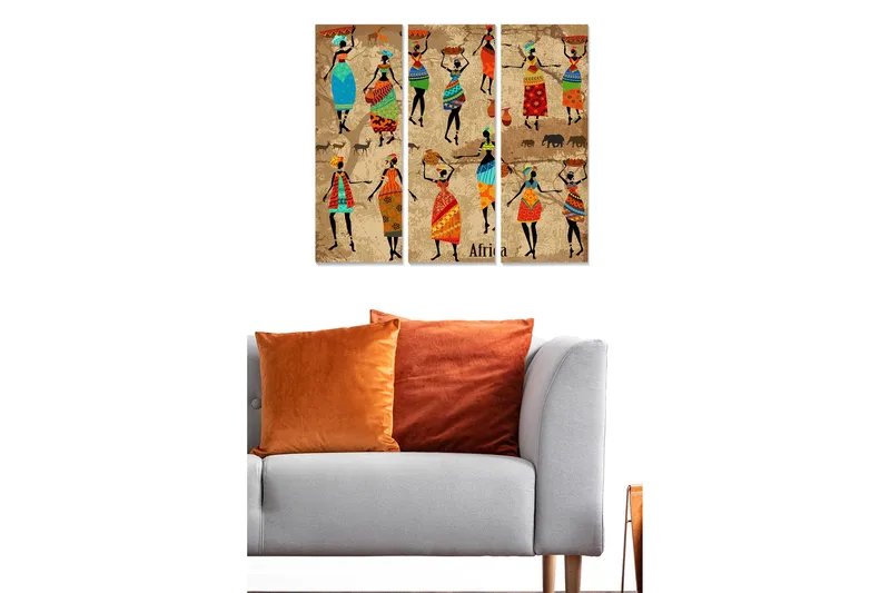 Trælærredstryk 3-delt 50x70 cm - Dansende kvinder med farverigt tøj og traditionelle mønstre - Blå / Rød / Grøn - Boligtilbehør - Billeder & kunst - Billeder på lærred