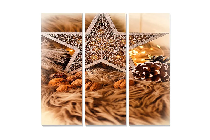Trælærredstryk 3-delt 50x70 cm - Dekorativ stjerne med julestemning omgivet af nødder og grangrene, Beige / Brun / Guld
