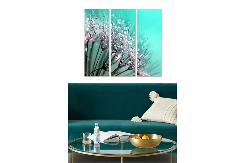 Trælærredstryk 3-delt 50x70 cm - Delikat blomsterkomposition med vanddråber, Turkis / Hvid / Lyserød