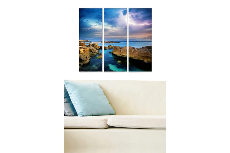 Trælærredstryk 3-delt 50x70 cm - Dramatisk kystlandskab med klipper og hav - Blå / Grøn / Brun - Boligtilbehør - Billeder & kunst - Billeder på lærred