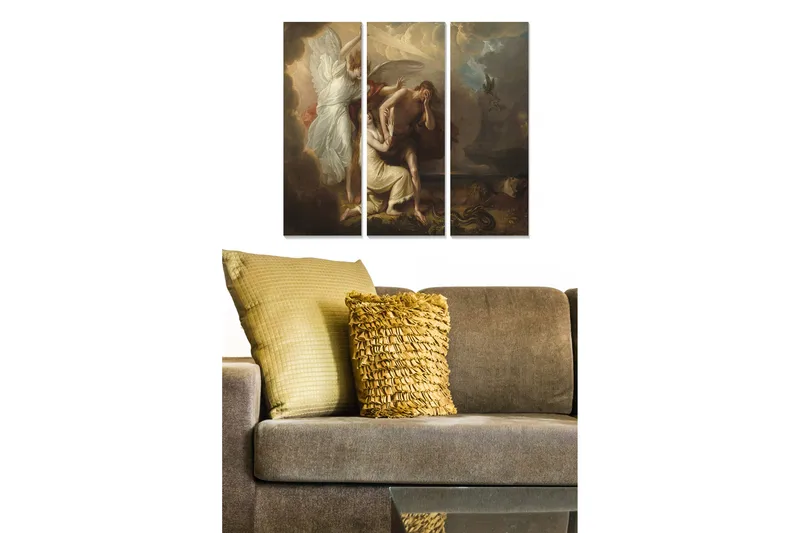 Trælærredstryk 3-delt 50x70 cm - Dramatisk sceneri med en engel, der beskytter en kvinde og en mand i en konflikt, Mørkebrun / Hvid / Rød