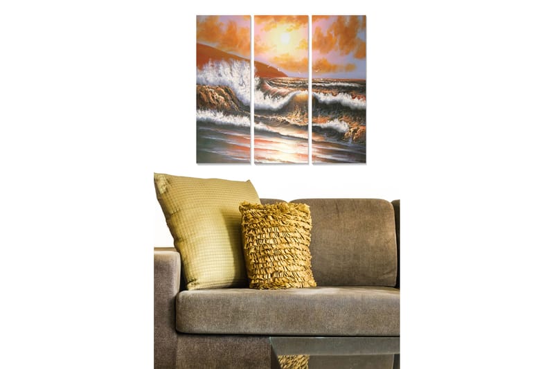 Trælærredstryk 3-delt 50x70 cm - Dramatiske havbølger under en solnedgang - Orange / Blå / Hvid - Boligtilbehør - Billeder & kunst - Billeder på lærred