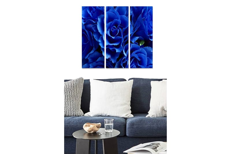 Trælærredstryk 3-delt 50x70 cm - Dybblå roser i en harmonisk komposition, Dybblå / Sort / Grøn