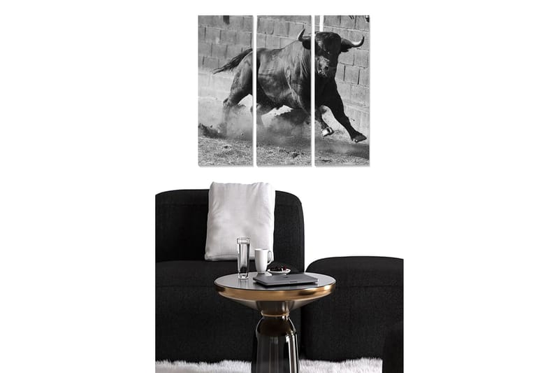 Trælærredstryk 3-delt 50x70 cm - Dynamisk tyr i bevægelse, Sort / Hvid / Grå