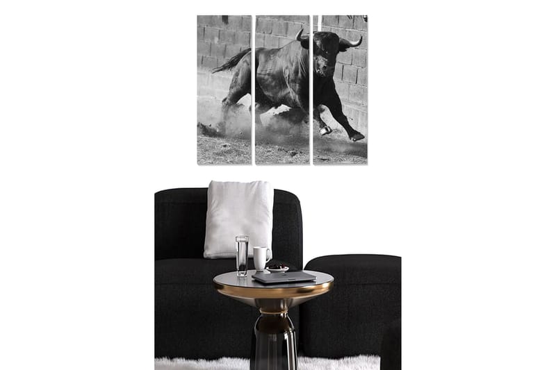 Trælærredstryk 3-delt 50x70 cm - Dynamisk tyr i bevægelse, Sort / Hvid / Grå