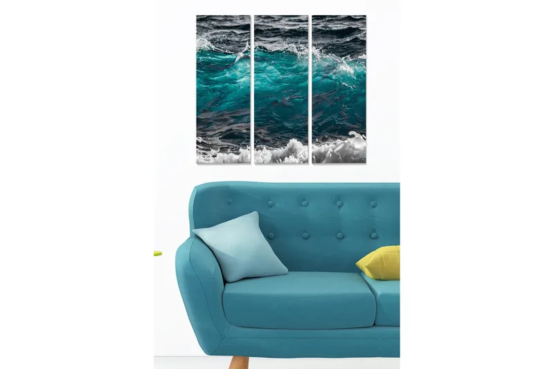 Trælærredstryk 3-delt 50x70 cm - Dynamiske bølger i turkis og sort, Turkis / Sort