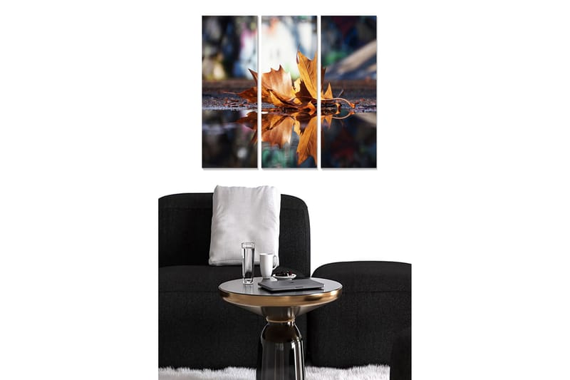 Trælærredstryk 3-delt 50x70 cm - Efterårsblade flyder på vandoverfladen, Guld / Brun / Blå