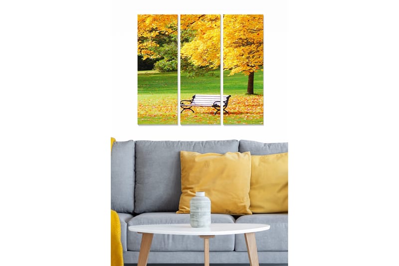 Trælærredstryk 3-delt 50x70 cm - Efterårslandskab med en bænk omgivet af gyldne løvfældende træer, Guld / Grøn