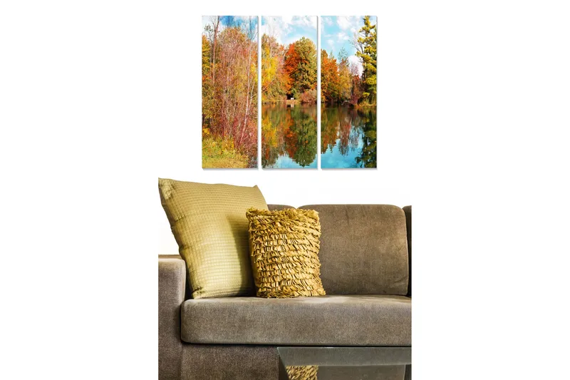 Trælærredstryk 3-delt 50x70 cm - Efterårslandskab med farverige træer og spejling i vand, Rød / Orange / Grøn