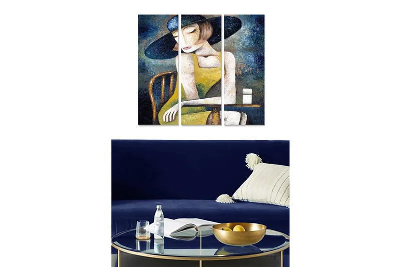 Trælærredstryk 3-delt 50x70 cm - Eftertænksom kvinde med hat i gul kjole, Mørkeblå / Gul / Hvid