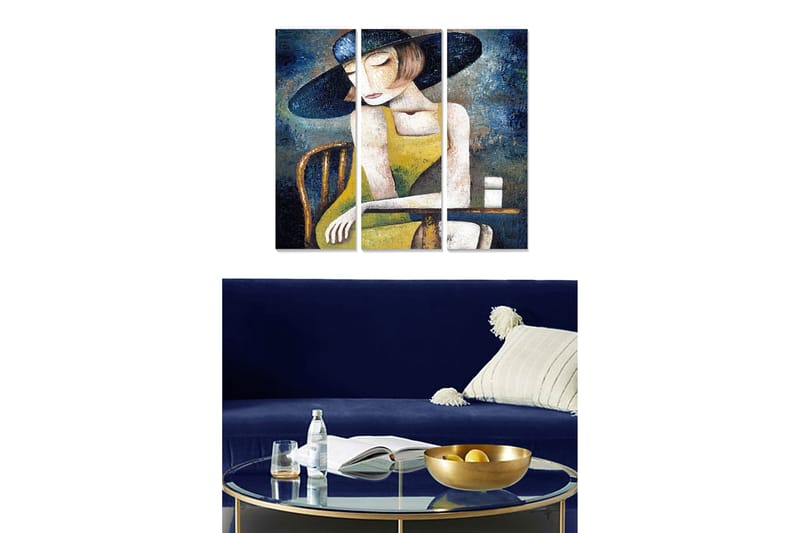 Trælærredstryk 3-delt 50x70 cm - Eftertænksom kvinde med hat i gul kjole, Mørkeblå / Gul / Hvid