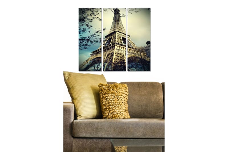 Trælærredstryk 3-delt 50x70 cm - Eiffeltårnet omgivet af trægrene, Grå / Blå / Beige