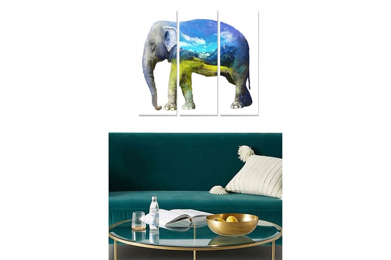 Trælærredstryk 3-delt 50x70 cm - Elefant med landskabsmotiv i blå og grøn, Blå / Grøn / Grå