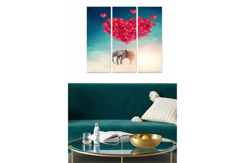 Trælærredstryk 3-delt 50x70 cm - Elefant svæver med hjerteformede balloner, Rød / Blå / Beige