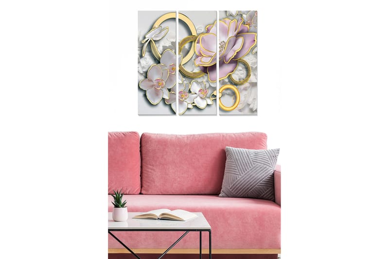 Trælærredstryk 3-delt 50x70 cm - Elegant komposition af blomster og cirkler i bløde toner, Lys pink / Guld / Hvid