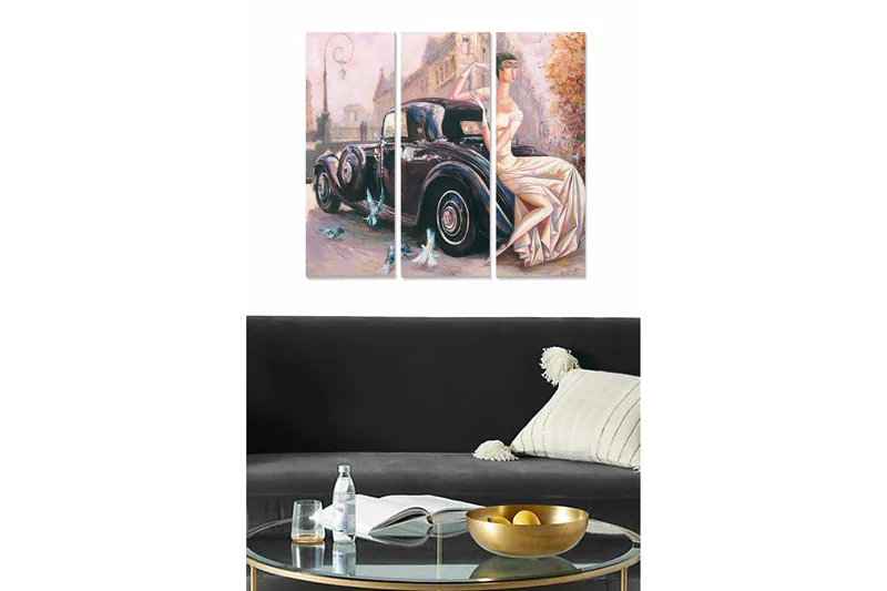 Trælærredstryk 3-delt 50x70 cm - Elegant kvinde i hvid kjole ved en klassisk bil, Sort / Hvid / Beige