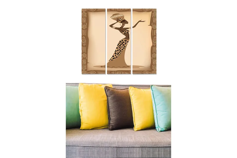 Trælærredstryk 3-delt 50x70 cm - Elegant kvinde i traditionel kjole med dyremønster, Brun / Beige / Sort