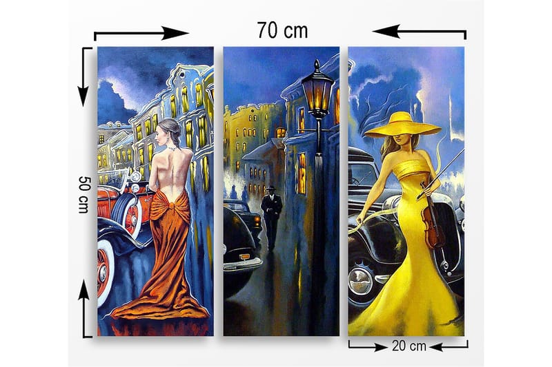 Trælærredstryk 3-delt 50x70 cm - Elegante kvinder i farverige kjoler foran klassiske biler - Gul / Orange / Blå - Boligtilbehør - Billeder & kunst - Billeder på lærred