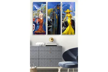 Trælærredstryk 3-delt 50x70 cm - Elegante kvinder i farverige kjoler foran klassiske biler - Gul / Orange / Blå - Boligtilbehør - Billeder & kunst - Billeder på lærred