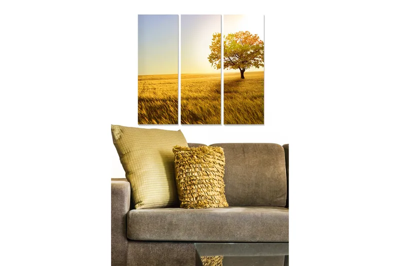Trælærredstryk 3-delt 50x70 cm - Ensomt træ i gyldne marker under en klar himmel, Guld / Grøn / Blå