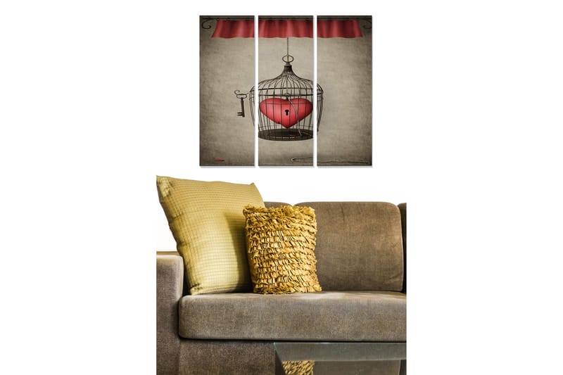 Trælærredstryk 3-delt 50x70 cm - Fængslende fuglebur med et hjerte indeni, Rød / Sort / Beige