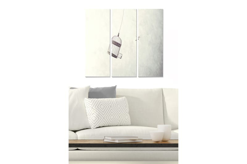 Trælærredstryk 3-delt 50x70 cm - Fanget fuglebur hængende i luften, Grå / Hvid / Sort