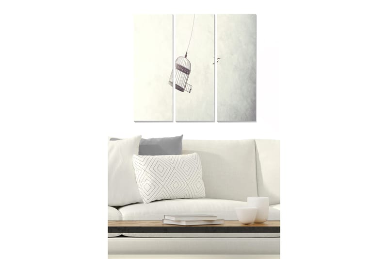 Trælærredstryk 3-delt 50x70 cm - Fanget fuglebur hængende i luften, Grå / Hvid / Sort