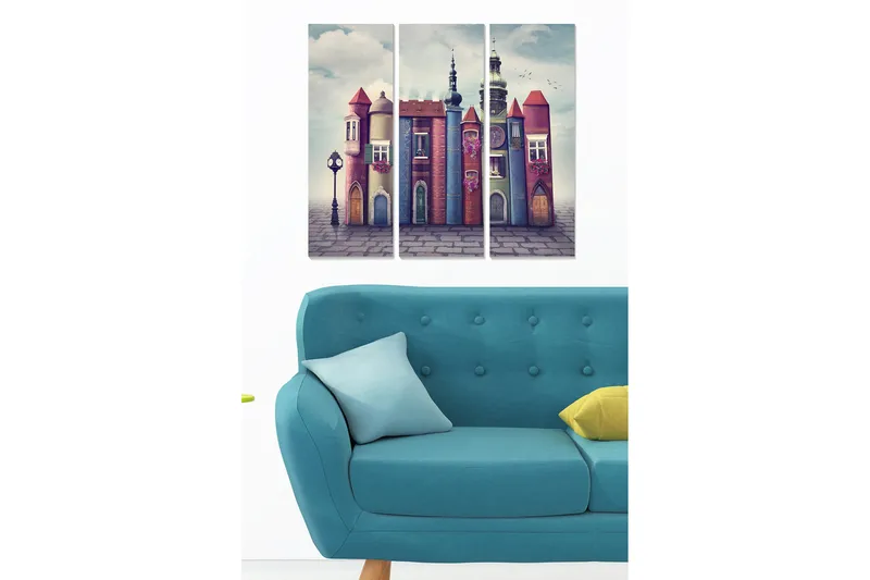 Trælærredstryk 3-delt 50x70 cm - Fantasifuld bygning med farverige tårne og vinduer, Lyserød / Blå / Grøn