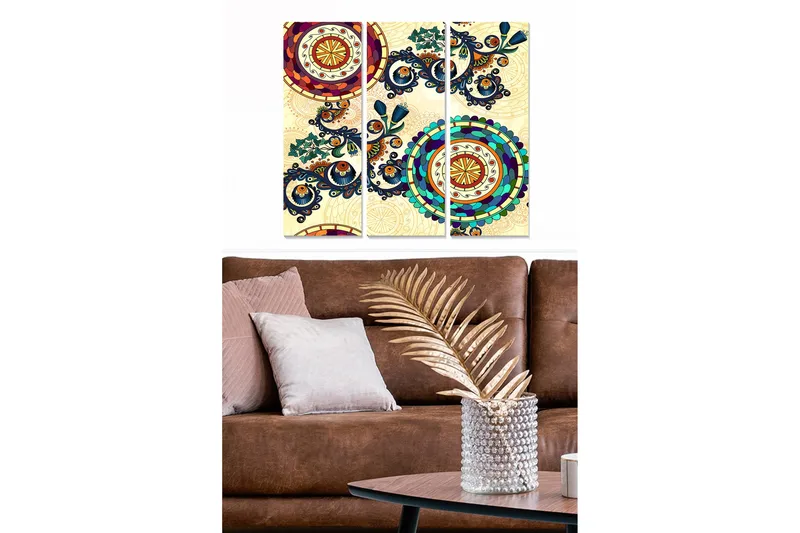 Trælærredstryk 3-delt 50x70 cm - Farverig abstrakt komposition med cirkulære mønstre og detaljerede ornamenter, Mørkeblå / Rød / Grøn