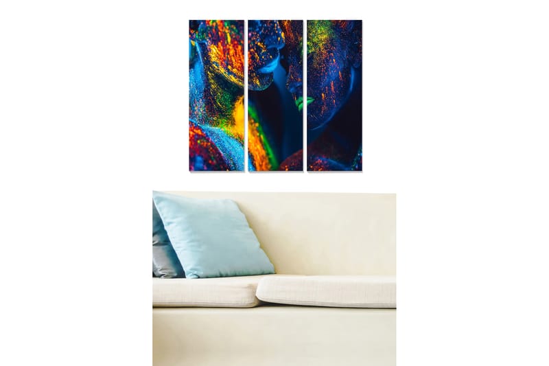 Trælærredstryk 3-delt 50x70 cm - Farverig abstraktion af ansigter med glitrende detaljer, Blå / Grøn / Orange