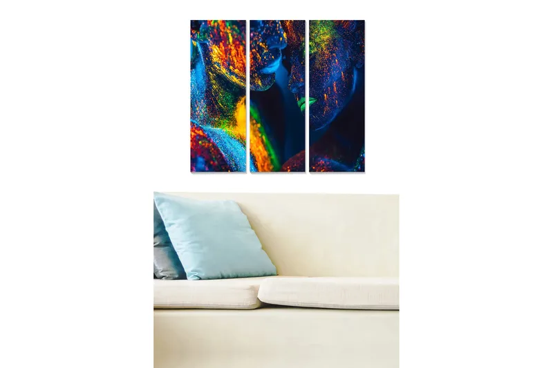 Trælærredstryk 3-delt 50x70 cm - Farverig abstraktion af ansigter med glitrende detaljer, Blå / Grøn / Orange